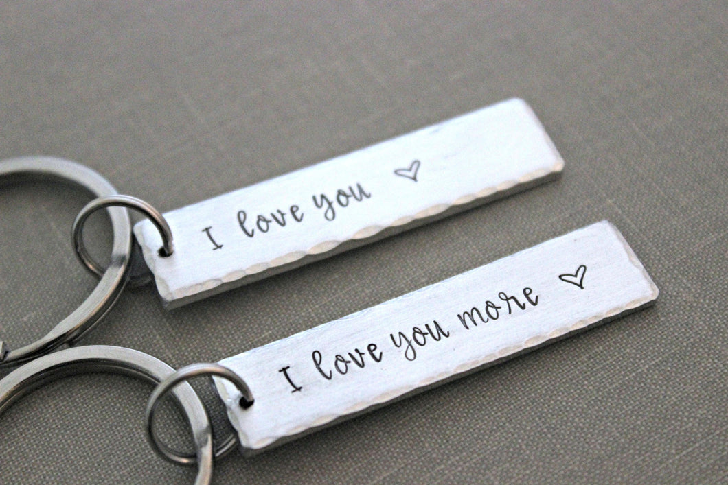Couples keychain set - single or set of 2 rectangle silver aluminum bar key chains - I love you and I love you more - or personalized saying