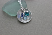 Load image into Gallery viewer, Sterling Silver grandma or Mom Necklace, Cupped Disc with Swarovski Crystal Birthstone Charms, Grandma, Nana, Momma, Personalized Disk
