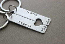 Load image into Gallery viewer, Keychain set - Couples Key chains - Connecting heart - silver tone aluminum - personalized initials and date - customized gift for him

