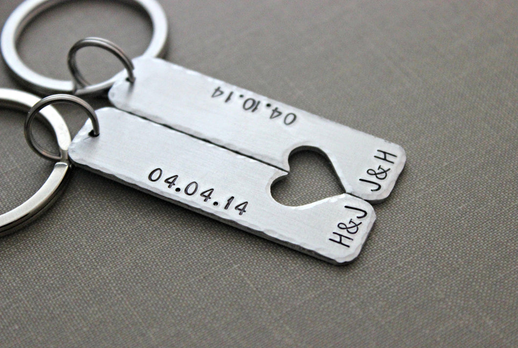 Keychain set - Couples Key chains - Connecting heart - silver tone aluminum - personalized initials and date - customized gift for him