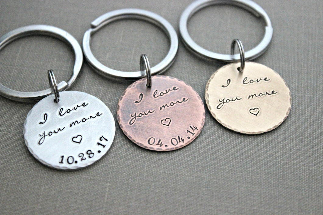 I love you more keychain with date, aluminum, copper or bronze Hand Stamped Keychain, circle disc silver tone,  Gift Idea for him Romantic