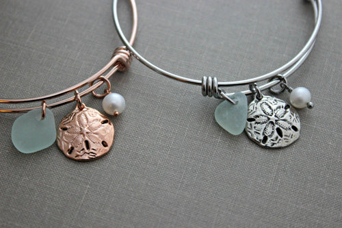 Rose gold Sand dollar bracelet or silver stainless steel adjustable wire bangle - genuine sea glass  freshwater pearl gift for beach lover