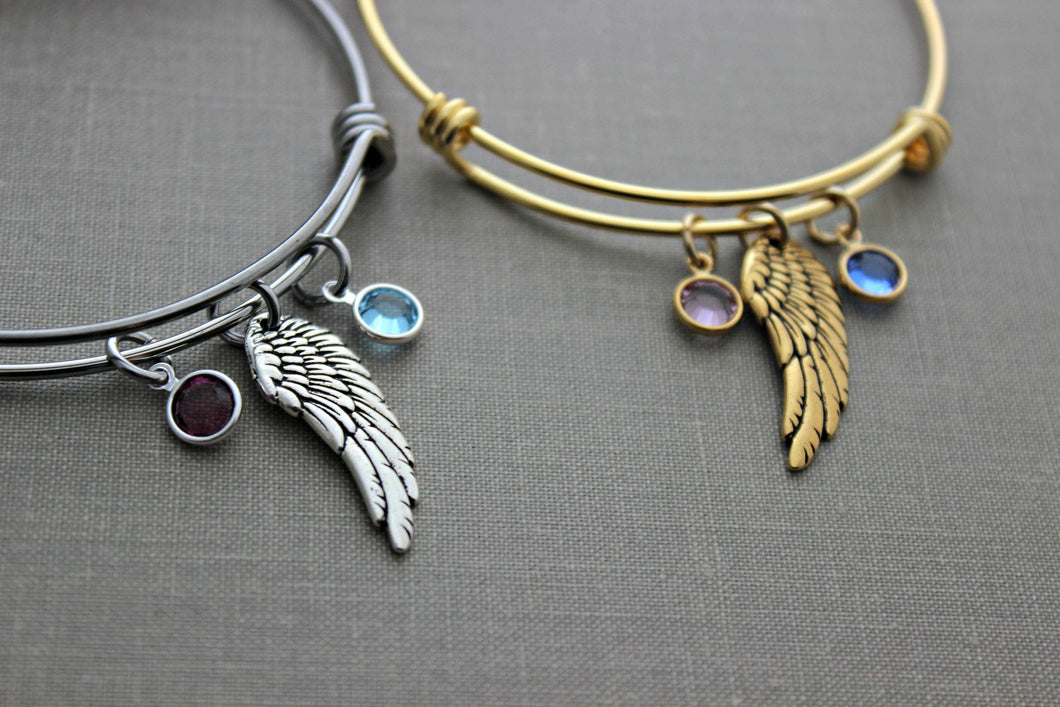 Gold or silver angel wing bracelet, gold plated stainless steel bangle Swarovski crystal birthstones  - Memorial bracelet personalized