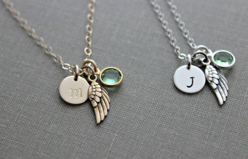 Angel wing necklace gold or silver Personalized Initial disc and Swarovski crystal birthstone charm, 14k gold filled or sterling Memorial