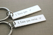 Load image into Gallery viewer, Couples keychain set - single or set of 2 rectangle silver aluminum bar key chains - I love you and I love you more - or personalized saying
