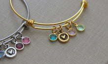 Load image into Gallery viewer, Gold or silver rustic heart charm bracelet, stainless steel bangle bracelet with Swarovski crystal birthstones, Multiple birthstones Mom

