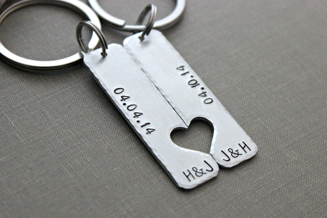 Keychain set - Couples Key chains - Connecting heart - silver tone aluminum - personalized initials and date - customized gift for him