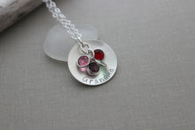 Load image into Gallery viewer, Mother&#39;s Necklace, Sterling silver cupped disc necklace with Swarovski crystal birthstones, Gift for her, Gift for Grandma Christmas Gift
