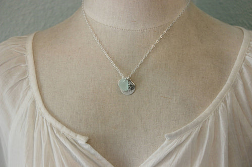 Beach Girl Personalized Necklace, Sterling Silver Sand Dollar, genuine Sea Glass and Initial Charm, Sea Foam, Beach Jewelry gift for her