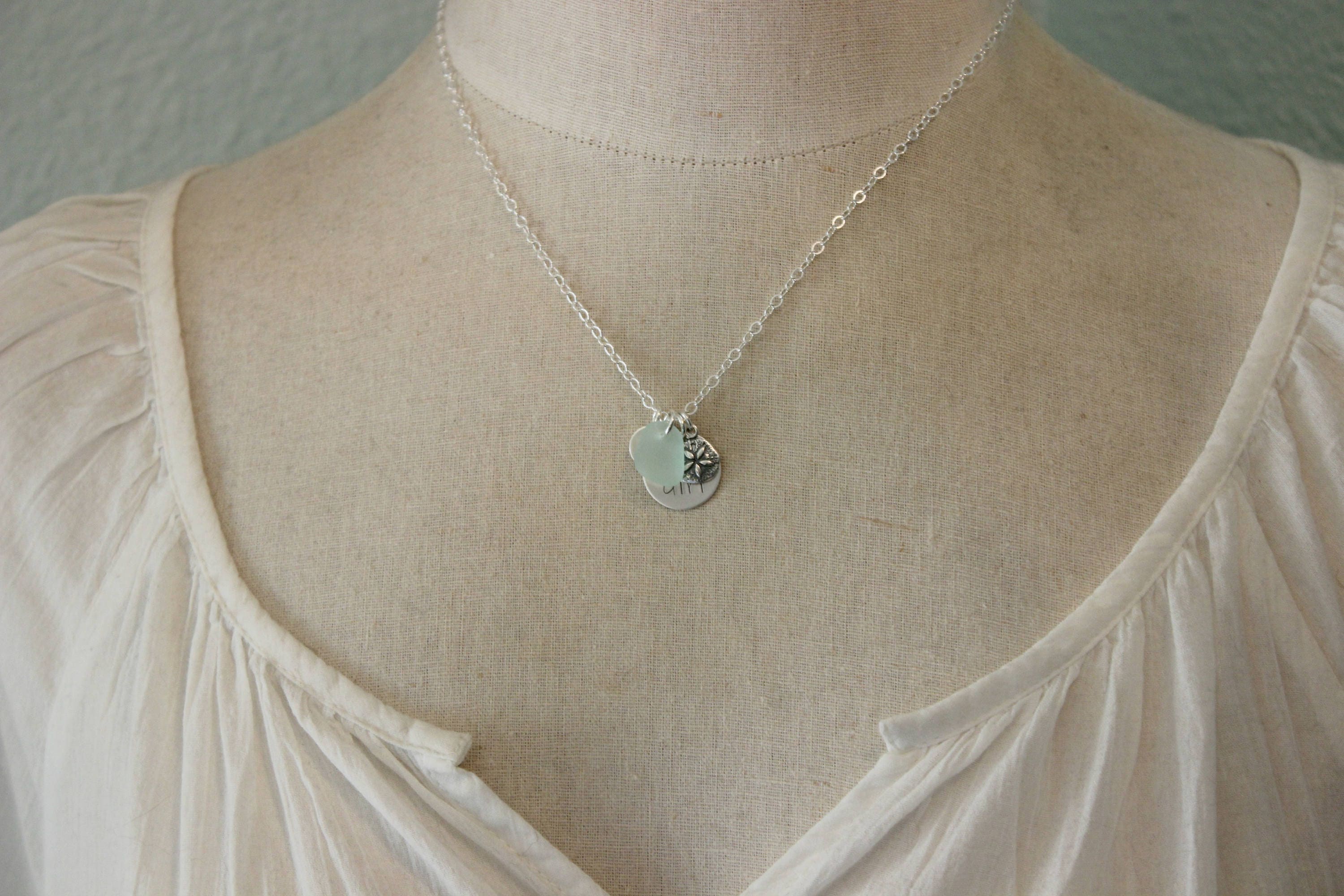 Beach Girl Personalized Necklace, Sterling Silver Sand Dollar, genuine Sea Glass and Initial Charm, Sea Foam, Beach Jewelry gift for her