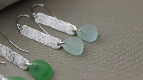 Genuine sea glass earrings - sterling silver textured bar earrings - beach jewelry - choice of color seafoam, green or white - hammered bar