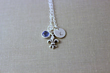 Load image into Gallery viewer, Personalized Charm Necklace with Sterling Silver Fleur De Lis  and Initial Charm, Swarovski Crystal Birthstone Lily
