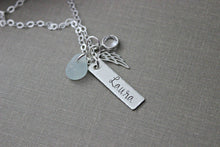 Load image into Gallery viewer, Sterling silver angel wing name bar necklace, hand stamped rectangle, genuine sea glass, Swarovski crystal birthstone - Memorial necklace
