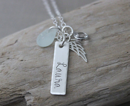 Sterling silver angel wing name bar necklace, hand stamped rectangle, genuine sea glass, Swarovski crystal birthstone - Memorial necklace