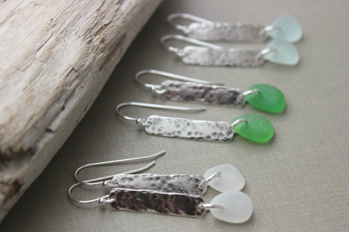 Genuine sea glass earrings - sterling silver textured bar earrings - beach jewelry - choice of color seafoam, green or white - hammered bar
