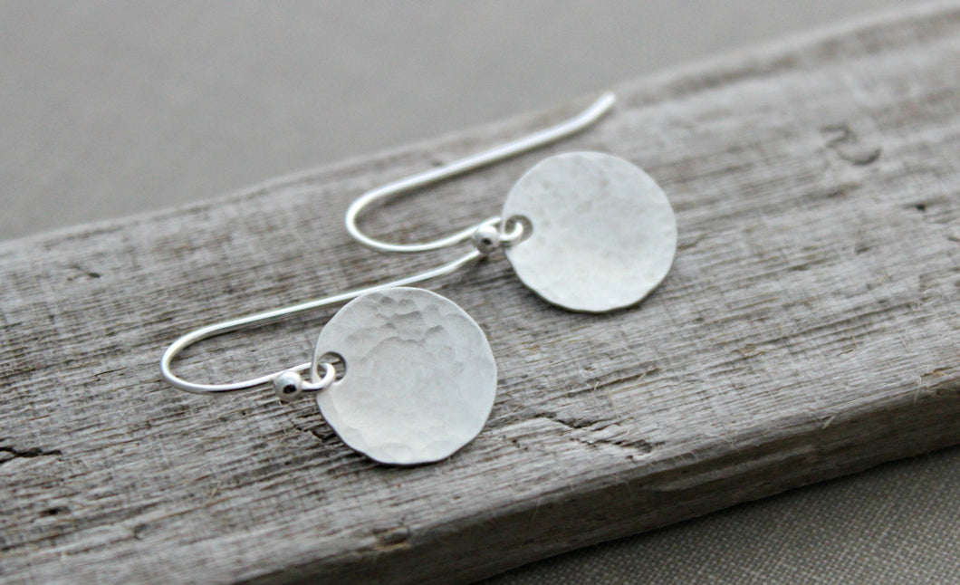 Hammered sterling silver round circle disc earrings, Sterling silver ear wires, Brushed Satin finish, Textured, Modern Dots - gift for her