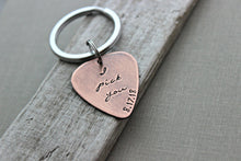 Load image into Gallery viewer, I pick you with date Rustic Guitar Pick keychain, Hand Stamped Copper Guitar Pick, 18g, Inspirational, Gift for Boyfriend, Husband, groom
