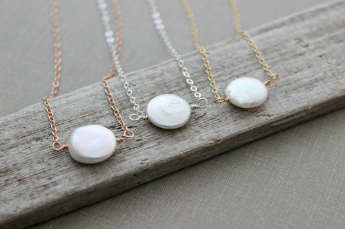 Coin pearl necklace - Gold fill - rose gold fill - sterling - sideways floating necklace - modern - Minimalist - Choice of color