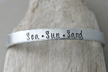 Load image into Gallery viewer, Sea Sun Sand bracelet - Hand stamped - Silver tone Cuff Bracelet - Beach Lover Gift idea
