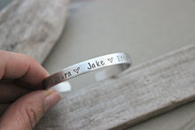 Load image into Gallery viewer, Name Cuff Bracelet - Silver Aluminum - Personalized Custom Names - Mothers Bracelet -Hearts - Hand stamped - Gift for her - skinny cuff

