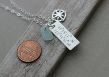 Load image into Gallery viewer, Coordinates Necklace - Sterling Silver - Hand Stamped with Compass Charm and Genuine Sea Glass - Rectangle Bar Charm - Special Place Beach
