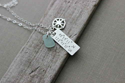 Coordinates Necklace - Sterling Silver - Hand Stamped with Compass Charm and Genuine Sea Glass - Rectangle Bar Charm - Special Place Beach