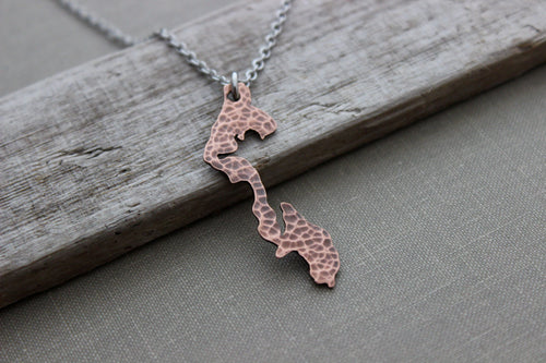 Whidbey Island Outline Necklace -  Washington State Rustic Copper with stainless steel chain - Heart design over your city / location