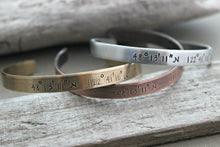 Load image into Gallery viewer, Custom Coordinates bracelet - Hand stamped silver aluminum, copper or bronze bracelet - 1/4 Inch Bangle Cuff Bracelet - special location
