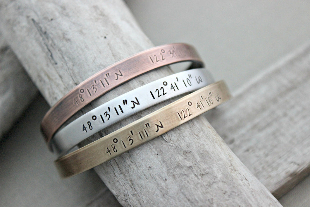 Custom Coordinates bracelet - Hand stamped silver aluminum, copper or bronze bracelet - 1/4 Inch Bangle Cuff Bracelet - special location