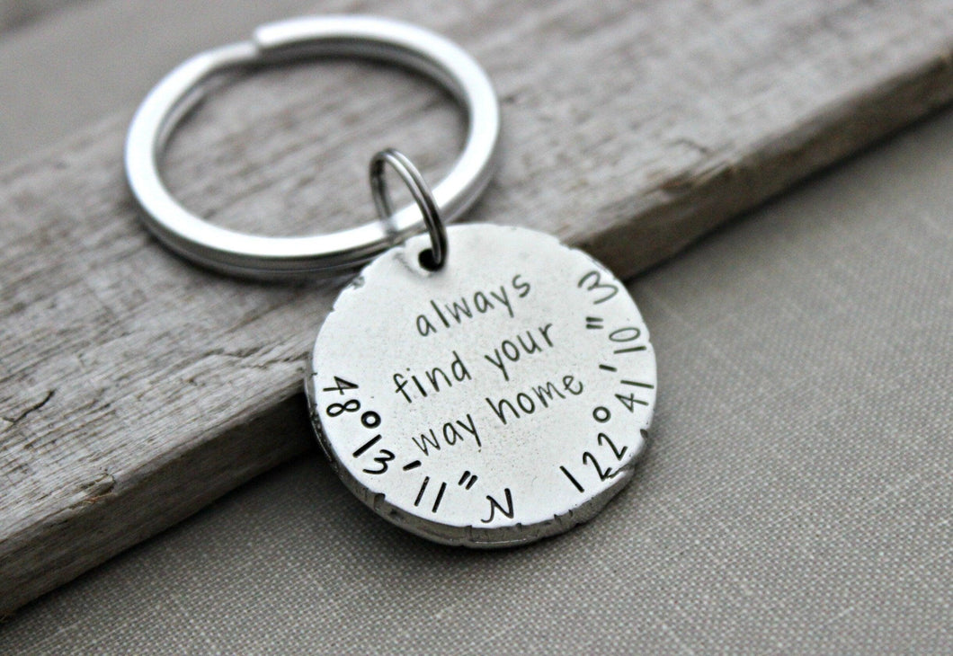always find your way home - custom GPS coordinates keychain - latitude and longitude - gift idea for him - silver thick pewter coin