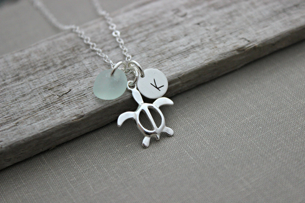 Personalized Charm Necklace with Sterling Silver Honu Turtle, genuine Sea Glass and Initial Charm, Hawaiian Turtle, Tropical beach