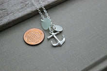 Load image into Gallery viewer, Nautical Sterling Silver anchor necklace with genuine Seaglass and mini Initial Charm, Personalized beach jewelry - Choice of color  Custom
