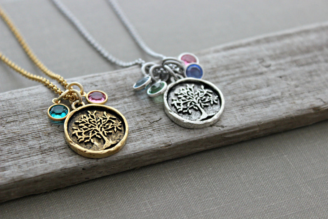 Rustic Family Tree necklace - Grandma Jewelry - gold or silver pewter Tree of life necklace - Swarovski crystal birthstones  gift for her