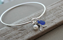 Load image into Gallery viewer, Mermaid tail bracelet - cobalt blue sea glass - Sterling silver seaglass wire bangle bracelet - hook and loop closure - Gift for her
