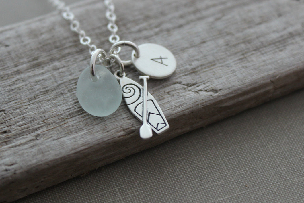 SUP Stand up paddle board Charm necklace - Genuine Sea Glass - sterling silver - Personalized Initial Disc - Paddler Water sports jewelry