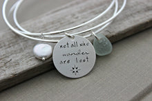 Load image into Gallery viewer, Not all who wander are lost - Sterling silver triple interlocking bangle bracelet - Genuine sea glass - Freshwater Coin pearl - Compass
