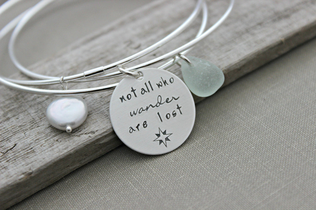 Not all who wander are lost - Sterling silver triple interlocking bangle bracelet - Genuine sea glass - Freshwater Coin pearl - Compass