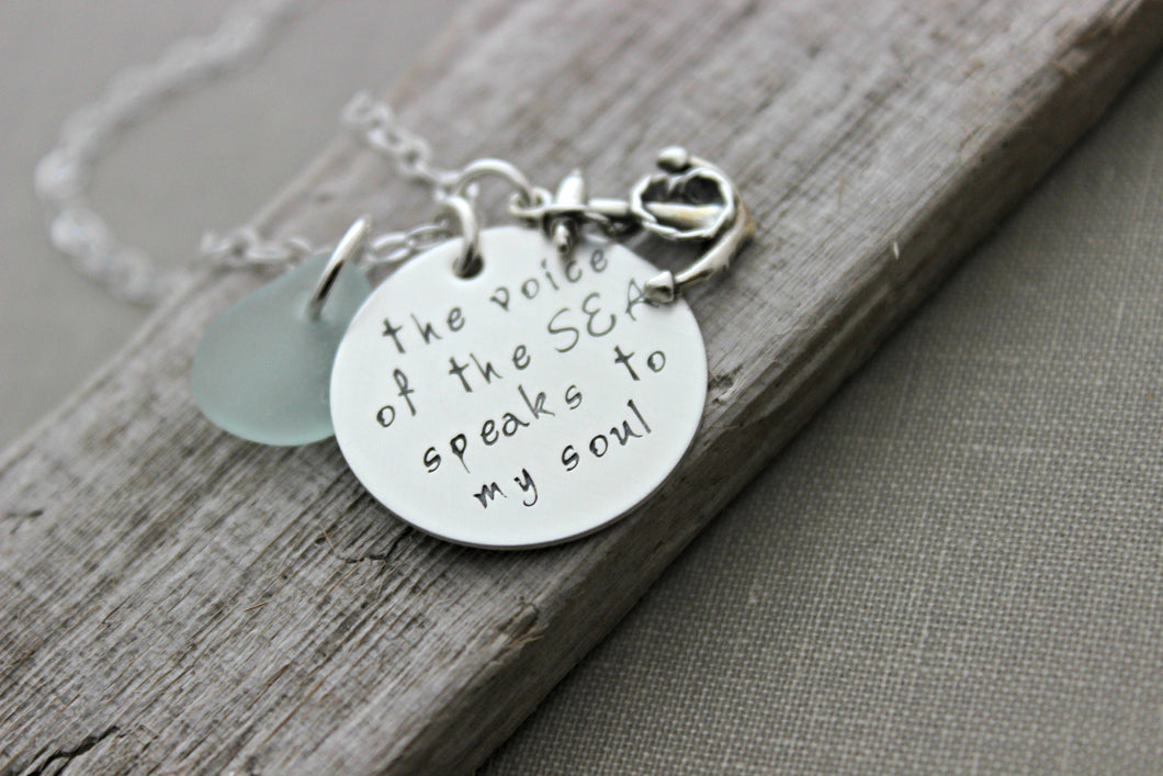 the voice of the sea speaks to my soul, inspirational quote necklace, hand stamped sterling silver anchor jewelry, genuine sea glass, beach