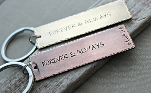 Forever and always including date, Copper or Bronze Hand Stamped Keychain, Long Rectangle, Antiqued rustic style, Gift Idea for Husband