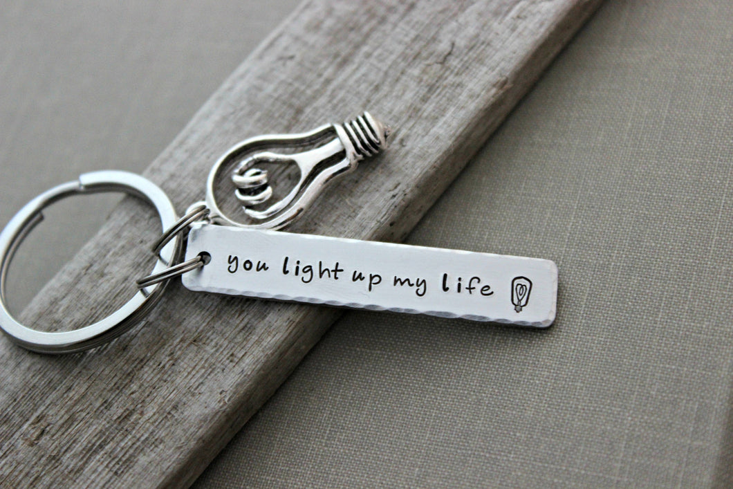 You light up my life aluminum silver Hand Stamped Keychain Long Rectangle, lightbulb with heart gift for electrician - light bulb charm
