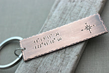 Load image into Gallery viewer, Coordinates Keychain - Custom Copper or bronze Hand Stamped Latitude &amp; Longitude GPS Coordinate Key Chain - Rustic - Antiqued - Gift for Him
