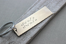 Load image into Gallery viewer, Coordinates Keychain - Custom Copper or bronze Hand Stamped Latitude &amp; Longitude GPS Coordinate Key Chain - Rustic - Antiqued - Gift for Him
