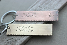 Load image into Gallery viewer, Coordinates Keychain - Custom Copper or bronze Hand Stamped Latitude &amp; Longitude GPS Coordinate Key Chain - Rustic - Antiqued - Gift for Him
