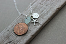 Load image into Gallery viewer, Sterling silver starfish necklace, with seafoam genuine sea glass and personalized sterling initial disc charm, Beach jewelry, seaglass
