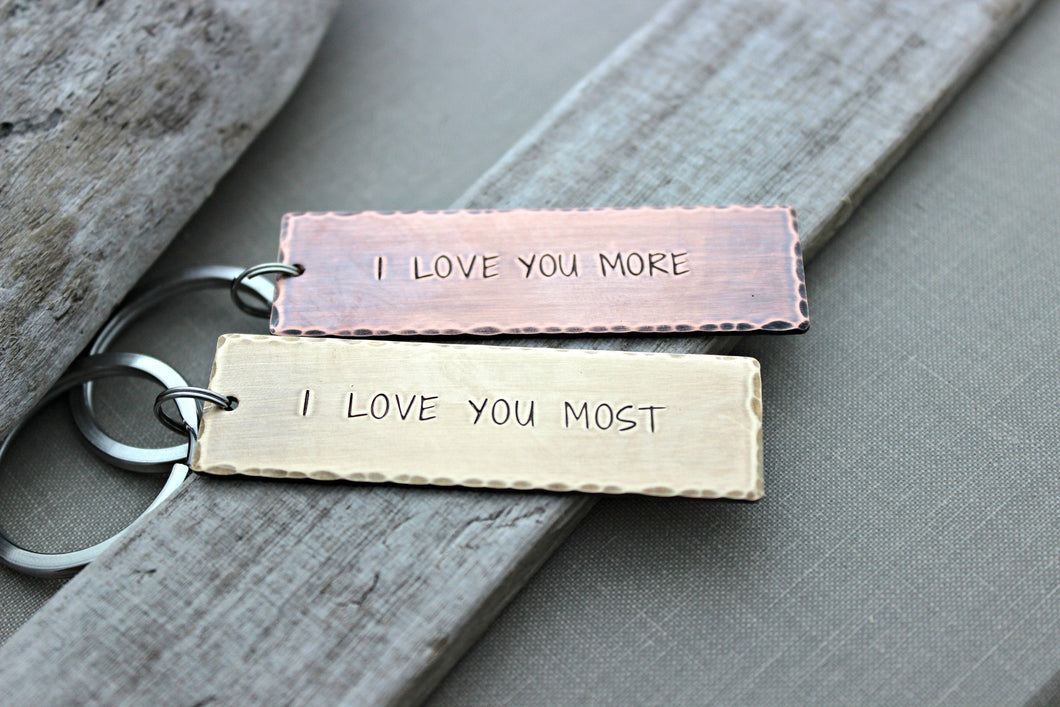 I love you more - Copper or bronze Hand Stamped Keychain - Long Rectangle - Rustic Antiqued - Gift under 30 - gift for boyfriend or husband