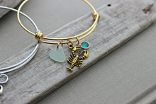 Load image into Gallery viewer, Lobster charm bracelet, stainless steel or gold adjustable beach bangle bracelet  genuine sea glass and Swarovski crystal birthstone, Maine

