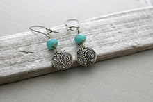 Load image into Gallery viewer, Mint green floral earrings - Czech glass bead earrings with Brass patterned discs - Bohemian earrings - Sea green - Dangle earrings
