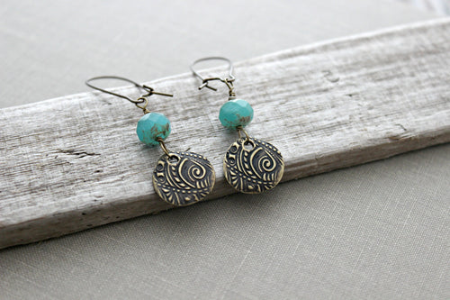 Mint green floral earrings - Czech glass bead earrings with Brass patterned discs - Bohemian earrings - Sea green - Dangle earrings