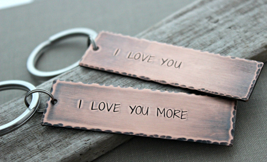 Couples Keychain set - I love you more & I love you, Copper Hand Stamped Key chain, Long Rectangle, Wedding Gift Idea, Rustic, Antiqued
