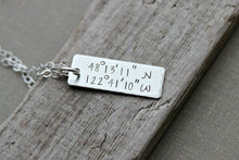 Load image into Gallery viewer, Custom Coordinates Necklace - Sterling Silver - Gift for her - Rectangle Bar Charm - Special Place Beach - Favorite location - wedding
